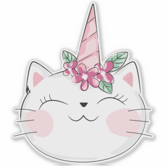 Unicorn Cat, Cute Cat, Little Cat, Kat, Flowers Sticker (Voorkant)