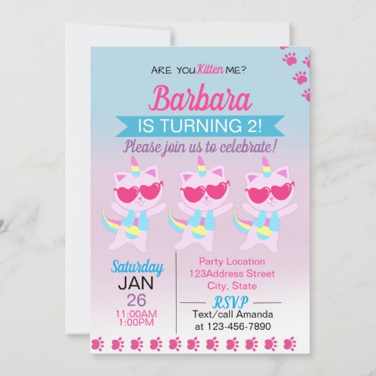 Unicorn Cat Heart Cartoon Uitnodiging (Voorkant)