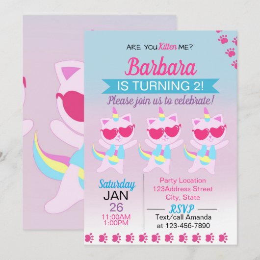 Unicorn Cat Heart Cartoon Uitnodiging (Voorkant / Achterkant)