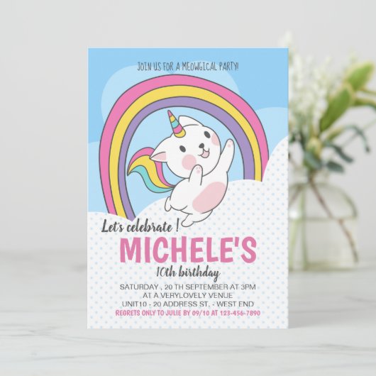Unicorn Cat Rainbow Uitnodiging (Staand voorkant)