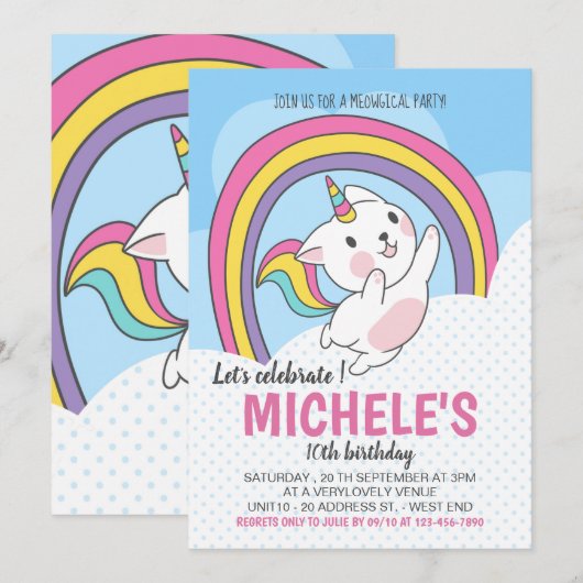 Unicorn Cat Rainbow Uitnodiging (Voorkant / Achterkant)