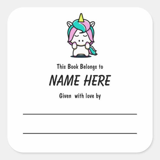 Unicorn Children's Bookplate met bericht Vierkante Sticker (Voorkant)