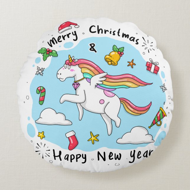 Unicorn Christmas Rond Kussen (Voorkant)