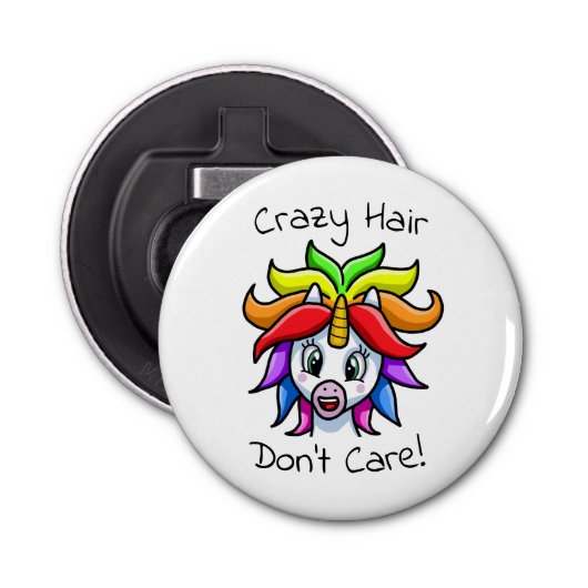 Unicorn Crazy Hair maakt het niet grappig Button Flesopener (Voorkant)