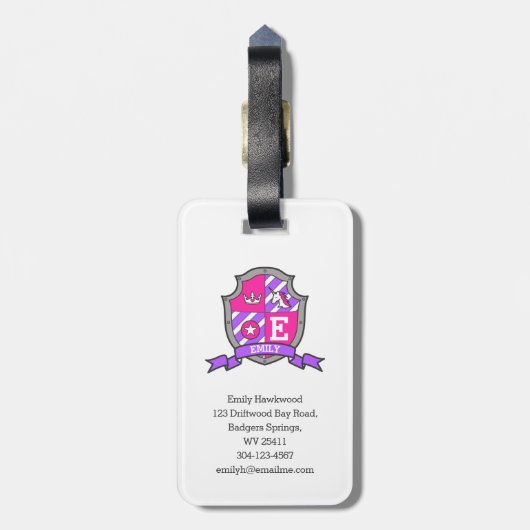 Unicorn crest persoonlijke naam en adres bagagelabel (Achterkant verticaal)