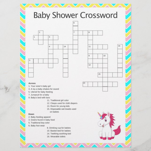 Unicorn Crossword Baby shower Game (Voorkant)