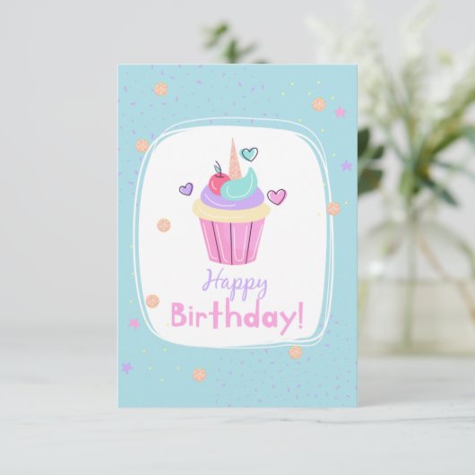 Unicorn Cupcake Birthday Card Kaart (Staand voorkant)