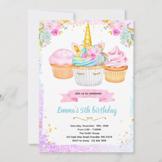 Unicorn cupcake birthday party invitation kaart (Voorkant)