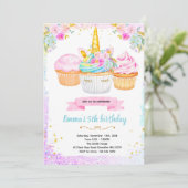 Unicorn cupcake birthday party invitation kaart (Staand voorkant)