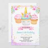 Unicorn cupcake birthday party invitation kaart (Voorkant / Achterkant)