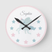 Unicorn Custom Name Cute Pink Blue  Ronde Klok (Voorkant)