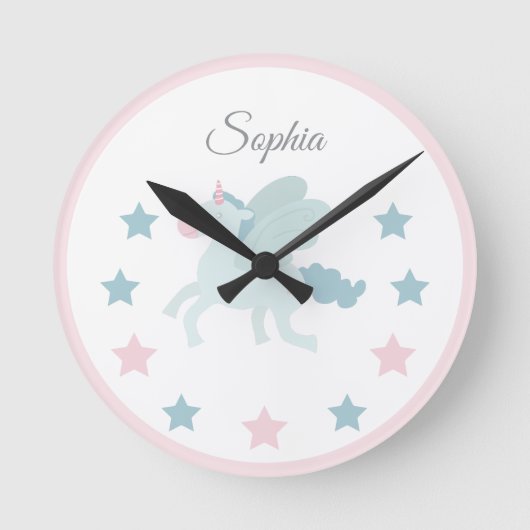 Unicorn Custom Name Cute Pink Blue  Ronde Klok (Voorkant)