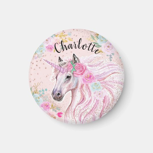 Unicorn Cute Birthday Custom Pink Gold Glitter Magneet (Voorkant)