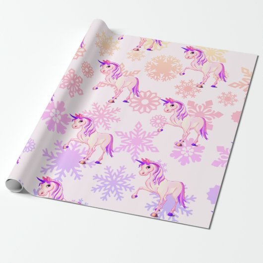 Unicorn Cute Girl Whimsical Pink Snowflakes Cadeaupapier (Uitgerold)