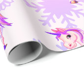 Unicorn Cute Girl Whimsical Pink Snowflakes Cadeaupapier (Rol Hoek)