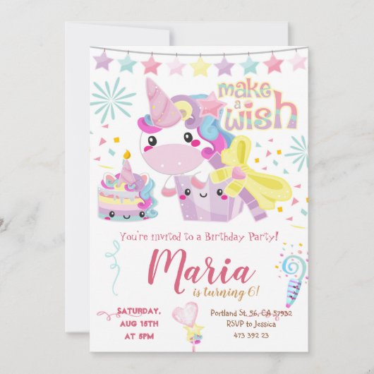 Unicorn Cute Pastel Birthday Uitnodiging (Voorkant)