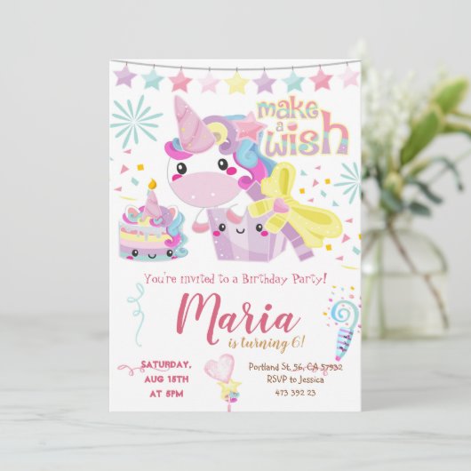Unicorn Cute Pastel Birthday Uitnodiging (Staand voorkant)