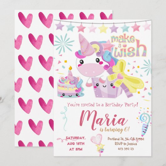 Unicorn Cute Pastel Birthday Uitnodiging (Voorkant / Achterkant)