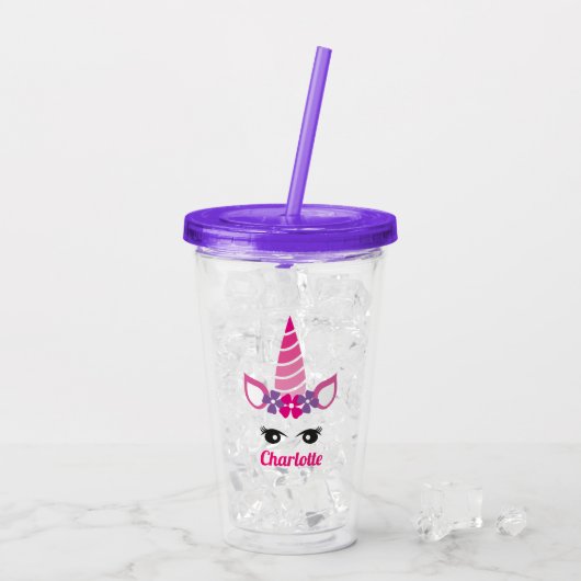 Unicorn Cute Pink Paars Girly Naam toevoegen Acryl Drinkbeker (Achterkant ijs)