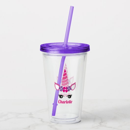 Unicorn Cute Pink Paars Girly Naam toevoegen Acryl Drinkbeker (Achterkant)