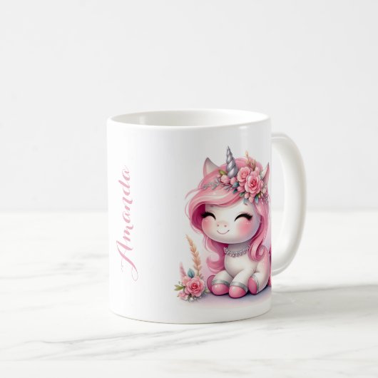 Unicorn Cute Whimsical Girly Persoonlijke naam Koffiemok (Voorkant rechts)