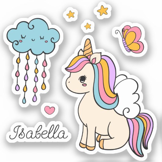Unicorn Cute Whimsical Girly Persoonlijke naam Sticker (Voorkant)