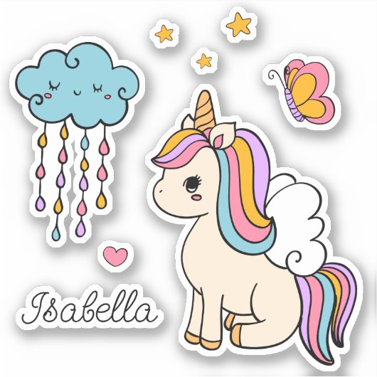 Unicorn Cute Whimsical Girly Persoonlijke naam Sticker (Voorkant)