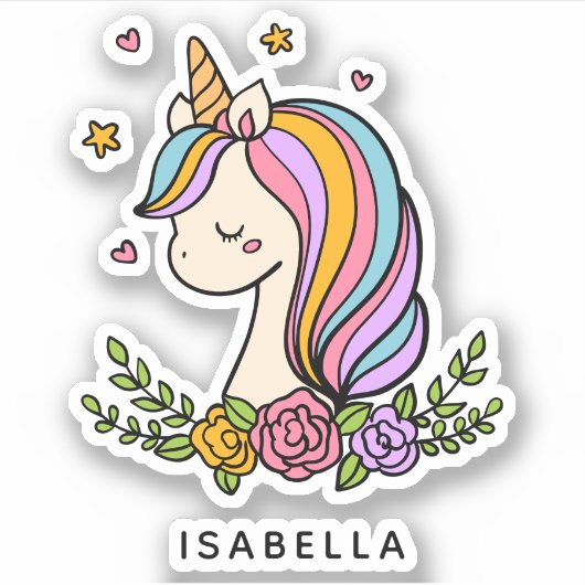 Unicorn Cute Whimsical Girly Persoonlijke naam Sticker (Voorkant)