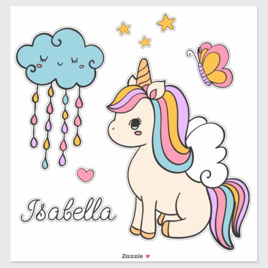 Unicorn Cute Whimsical Girly Persoonlijke naam Sticker (Vel)