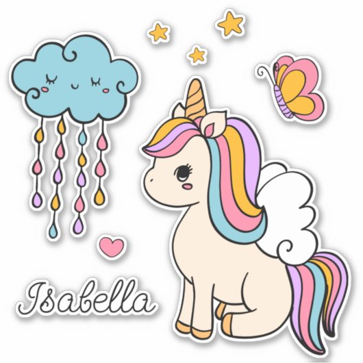 Unicorn Cute Whimsical Girly Persoonlijke naam Sticker (Voorkant)