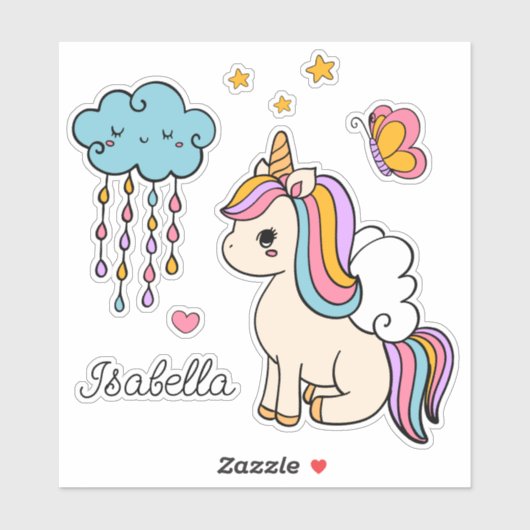 Unicorn Cute Whimsical Girly Persoonlijke naam Sticker (Vel)