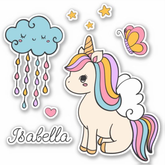 Unicorn Cute Whimsical Girly Persoonlijke naam Sticker (Voorkant)