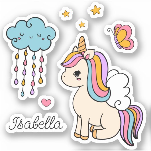 Unicorn Cute Whimsical Girly Persoonlijke naam Sticker (Voorkant)