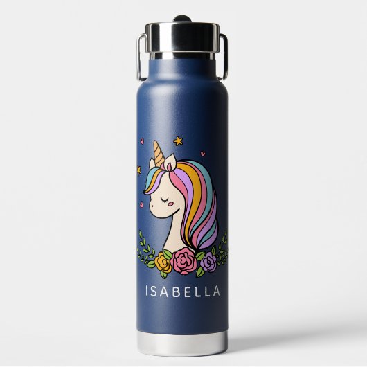 Unicorn Cute Whimsical Girly Persoonlijke naam Waterfles (Voorkant)