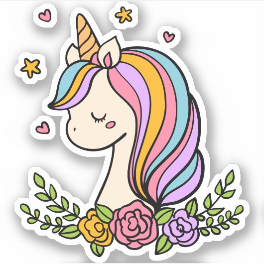 Unicorn Cute Whimsical Girly Pink Floral Sticker (Voorkant)