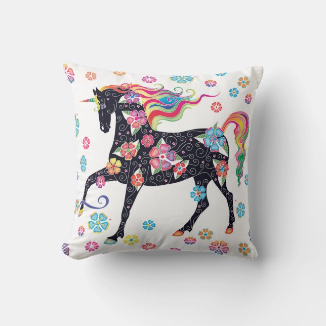 Unicorn Dark Blue Rainbow Flowers Kussen (Voorkant)