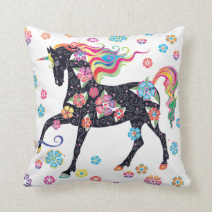 Unicorn Dark Blue Rainbow Flowers Kussen