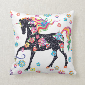 Unicorn Dark Blue Rainbow Flowers Kussen
