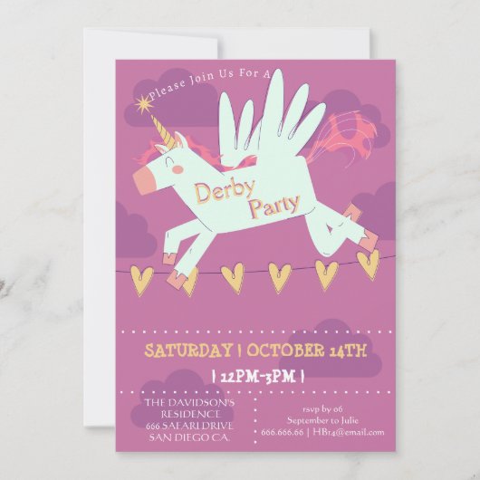 Unicorn Derby Party Invitation Kids Birthday Magic Kaart (Voorkant)