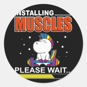 Unicorn die spieren installeert, wacht alsjeblieft ronde sticker