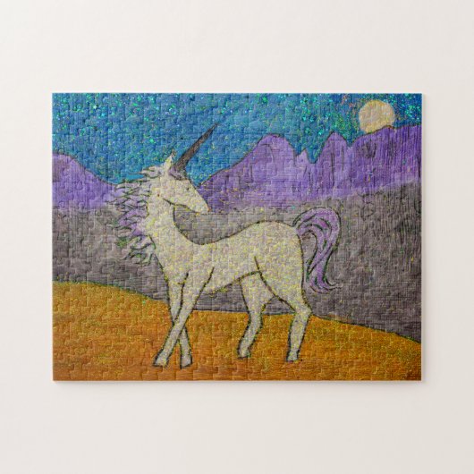 Unicorn die terugkijkt naar de maan legpuzzel (Horizontaal)