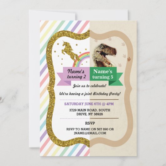 Unicorn & Dinosaur Invitations Boy girl Kaart (Voorkant)