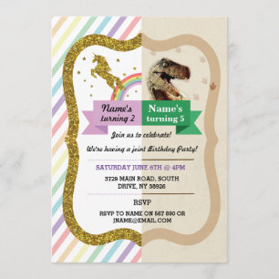 Unicorn & Dinosaur Invitations Boy girl Kaart