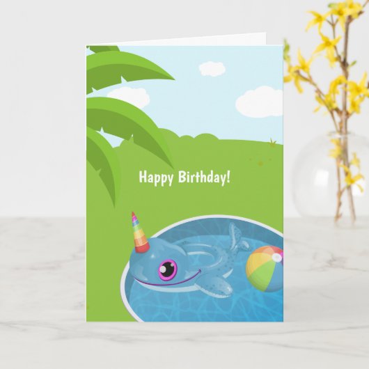 Unicorn Dolphin Floatie Pool Birthday Greeting Kaart (Gele Bloem)