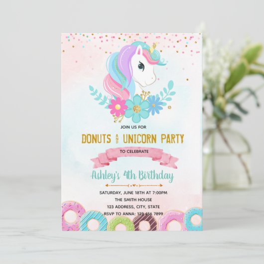 Unicorn Donut groeit op met feestuitnodiging Kaart (Staand voorkant)