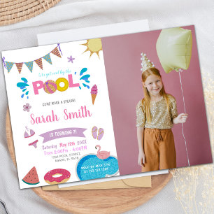 Unicorn Donut Pink Pool Birthday Invitation foto Kaart
