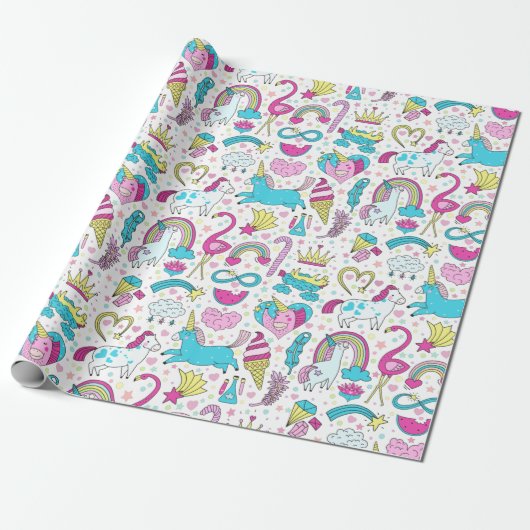 Unicorn Doodle Patroonverlooppapier Cadeaupapier (Uitgerold)