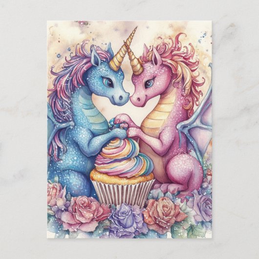 Unicorn Dragons With Cupcake and Flowers Briefkaart (Voorkant)