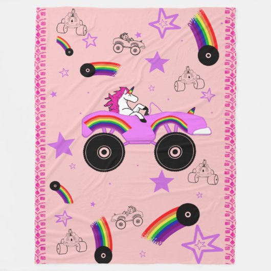 Unicorn Driving Monster Truck Groot Fleece Deken (Voorkant)