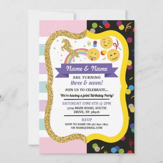 Unicorn & Emoji Boy Girl Shared Birthday Twins Fun Kaart (Voorkant)